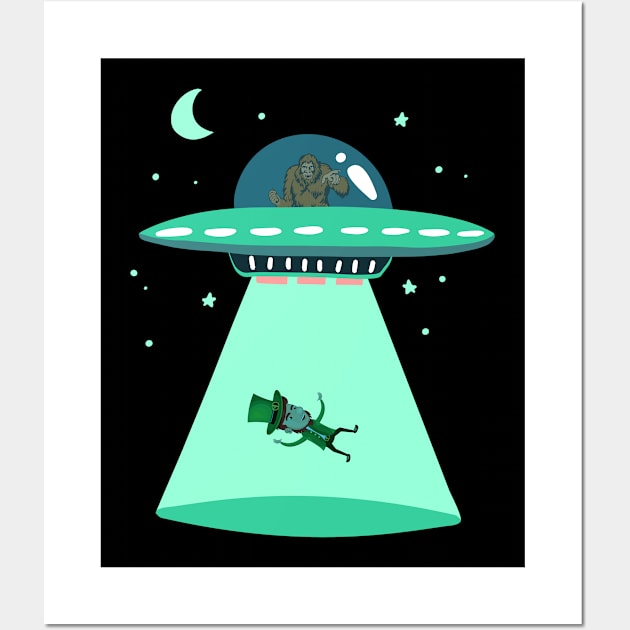 Bigfoot UFO Alien Space Ship St. Patricks Day Elf Abduction Wall Art by Trendo